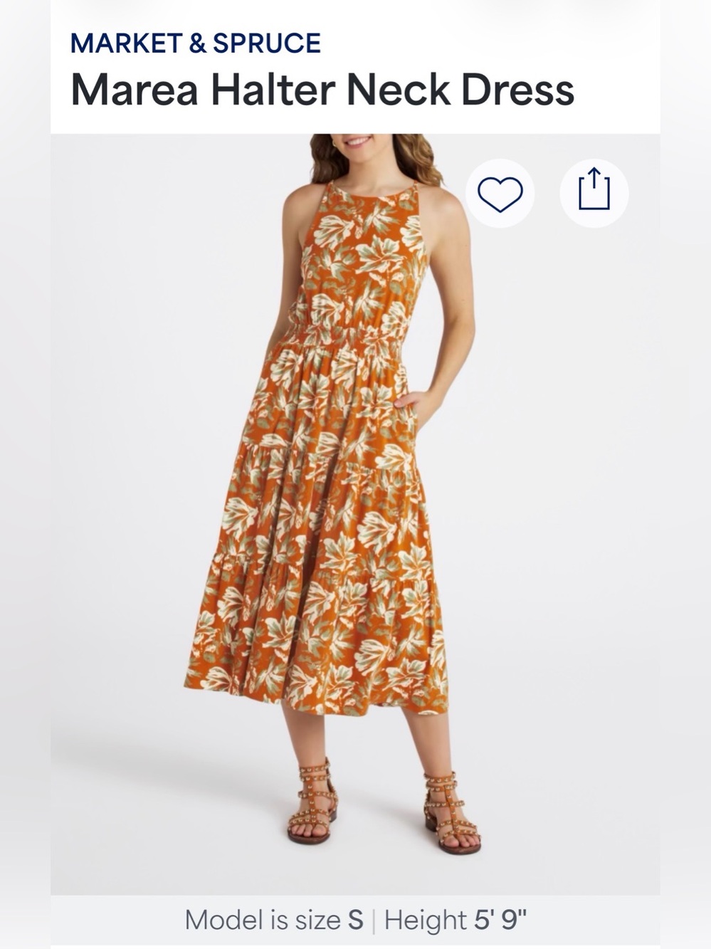 Market & Spruce Floral Midi Dress Rust Orange Smocked Waist Size M